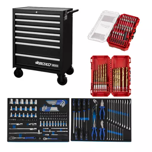 Boxo Työkaluvaunu Classic työkaluilla 143-osainen + Milwaukee tarvikesetti - Työkaluvaunut ja -pakit - 285-7071C-143BF - 1